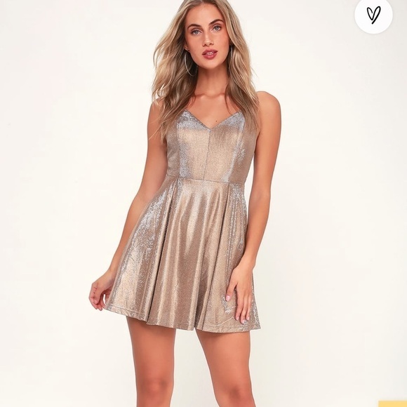 Lulus Dresses & Skirts - Lulus Dress Women XS Mini Mettallic Rose Gold Silver Shimmer Skater U
